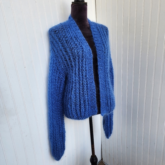 Handmade Fuzzy Mohair Wool Cardigan Sweater Women's Blue Dropped Shoulder Sz M - Picture 2 of 12